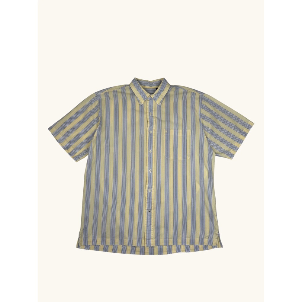 IZOD Jeans Mens Large Yellow Blue Striped Short Sleeve Button Down Cotton Shirt
